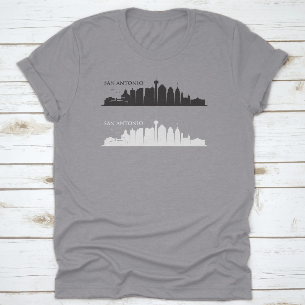 A detailed black and white vector illustration of the San Antonio skyline featuring iconic buildings and landmarks.