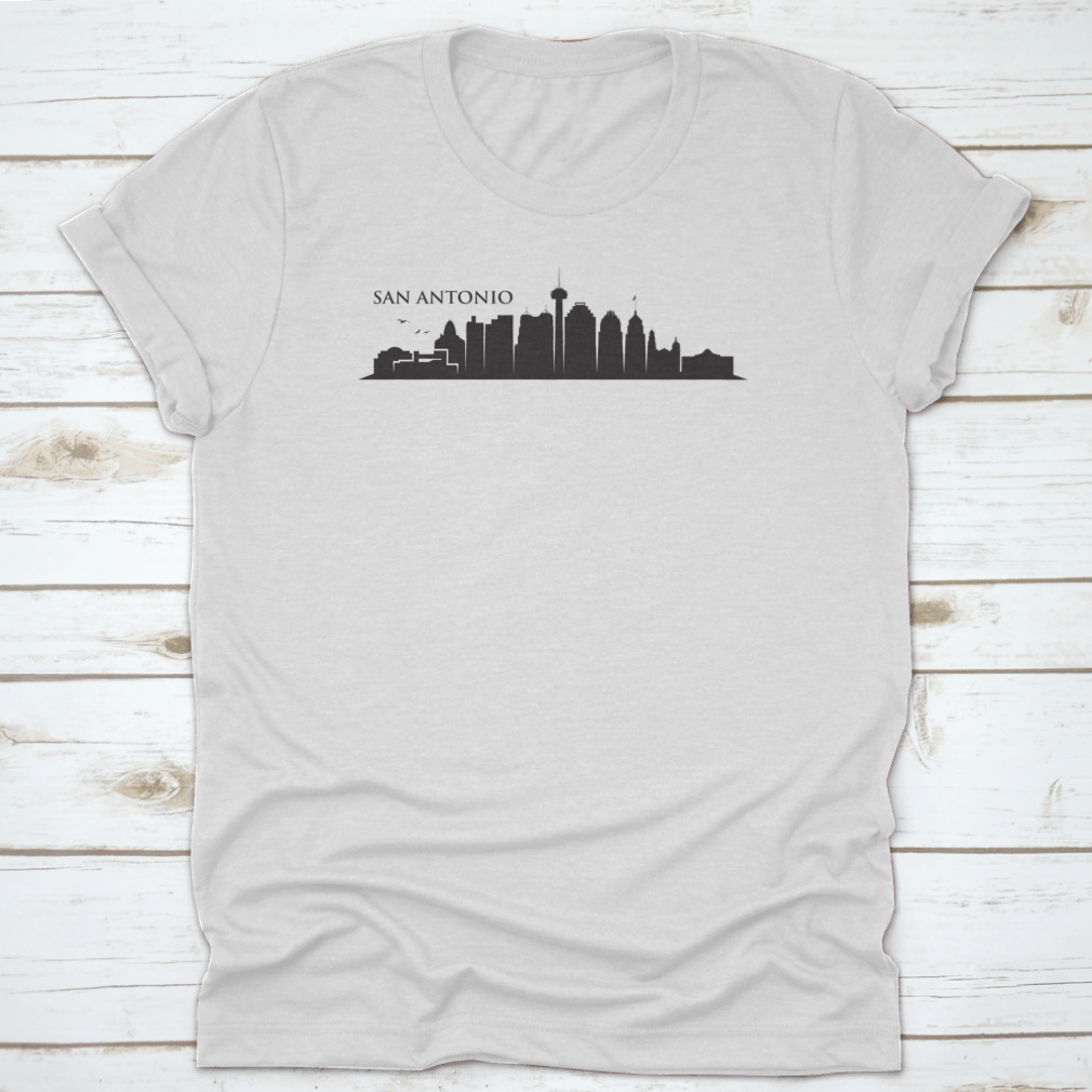 A detailed black and white vector illustration of the San Antonio skyline featuring iconic buildings and landmarks.