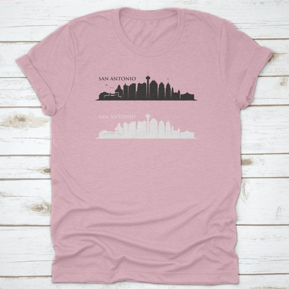 A detailed black and white vector illustration of the San Antonio skyline featuring iconic buildings and landmarks.