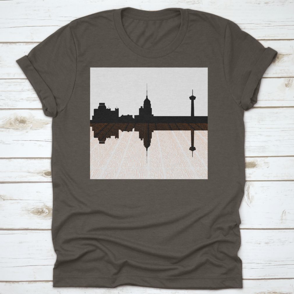 San Antonio Skyline Perspective T-shirt featuring an upside-down skyline design, made from 100% cotton for comfort.