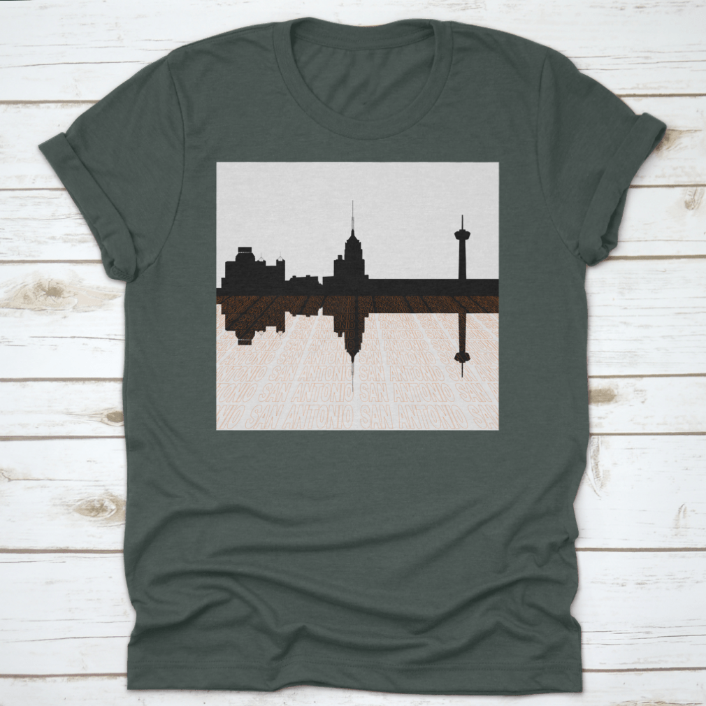 San Antonio Skyline Perspective T-shirt featuring an upside-down skyline design, made from 100% cotton for comfort.