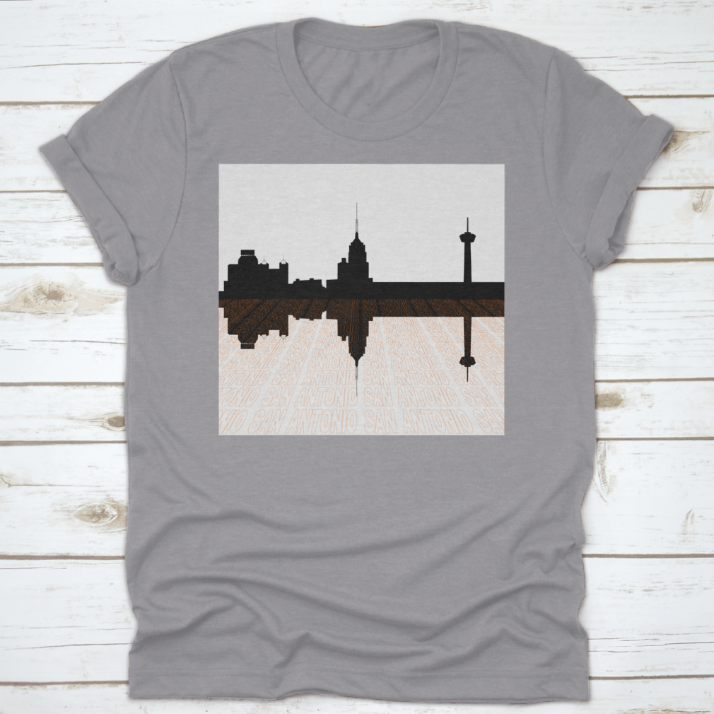 San Antonio Skyline Perspective T-shirt featuring an upside-down skyline design, made from 100% cotton for comfort.