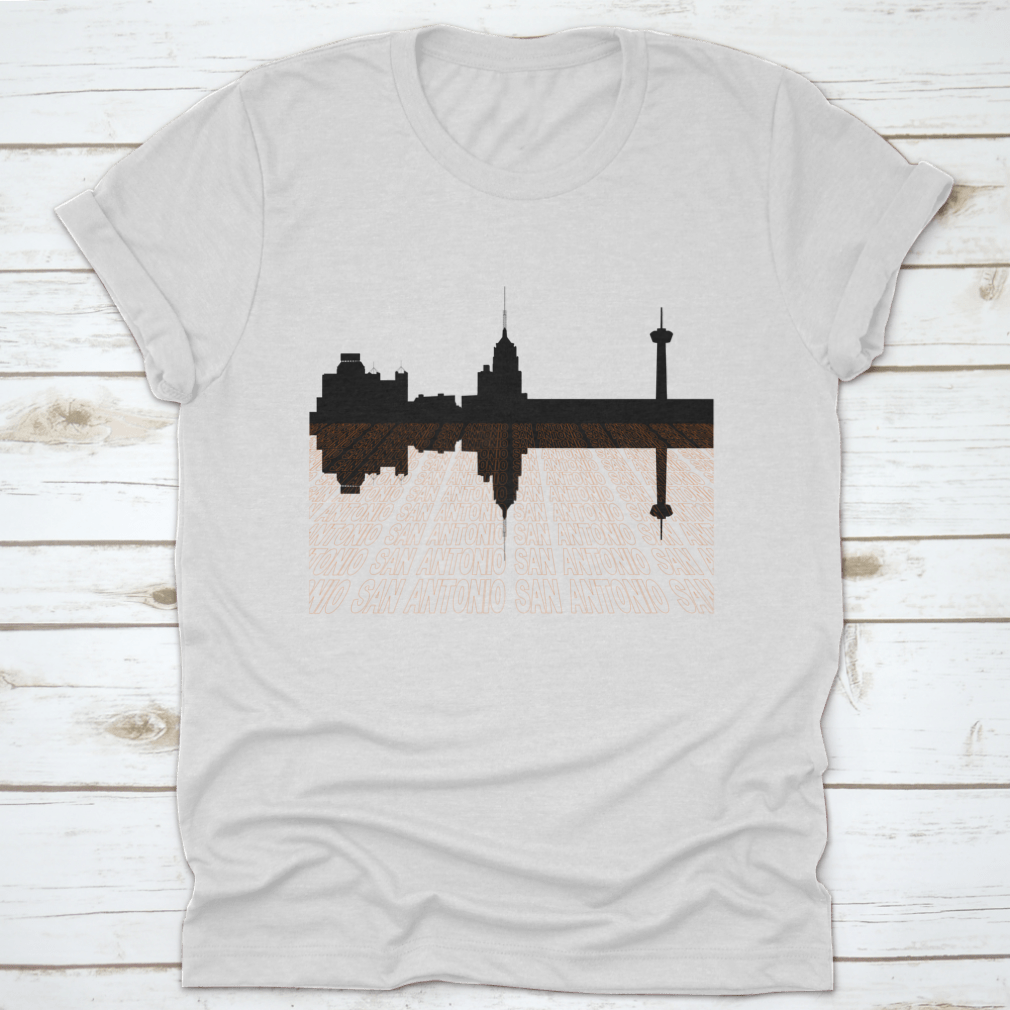 San Antonio Skyline Perspective T-shirt featuring an upside-down skyline design, made from 100% cotton for comfort.