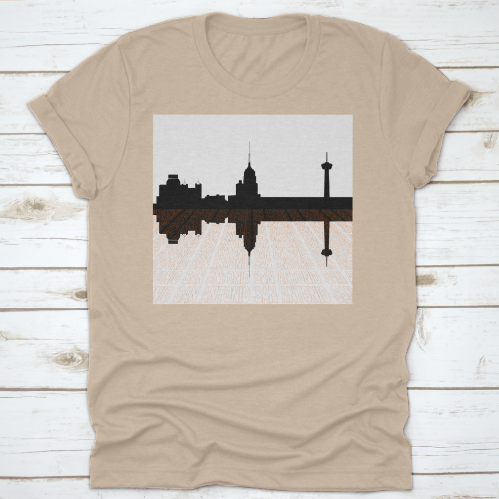 San Antonio Skyline Perspective T-shirt featuring an upside-down skyline design, made from 100% cotton for comfort.