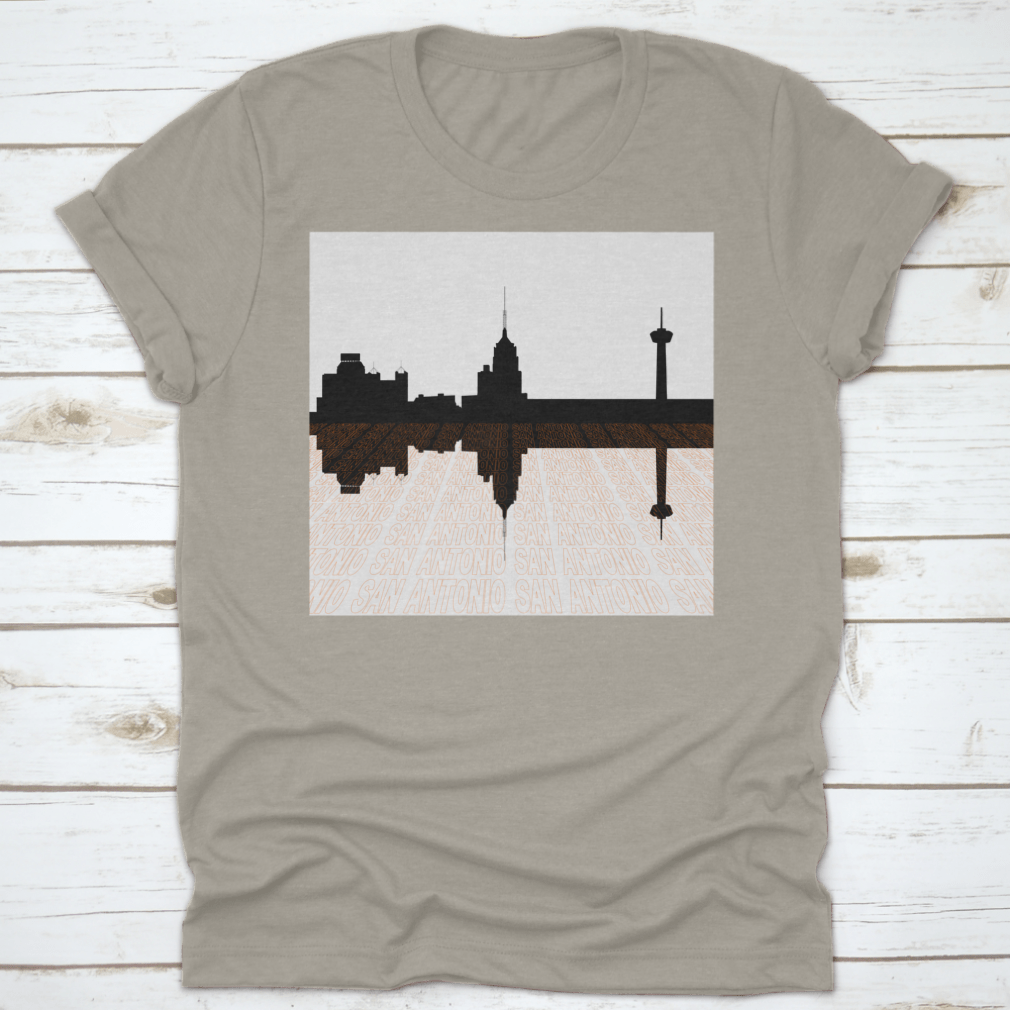 San Antonio Skyline Perspective T-shirt featuring an upside-down skyline design, made from 100% cotton for comfort.