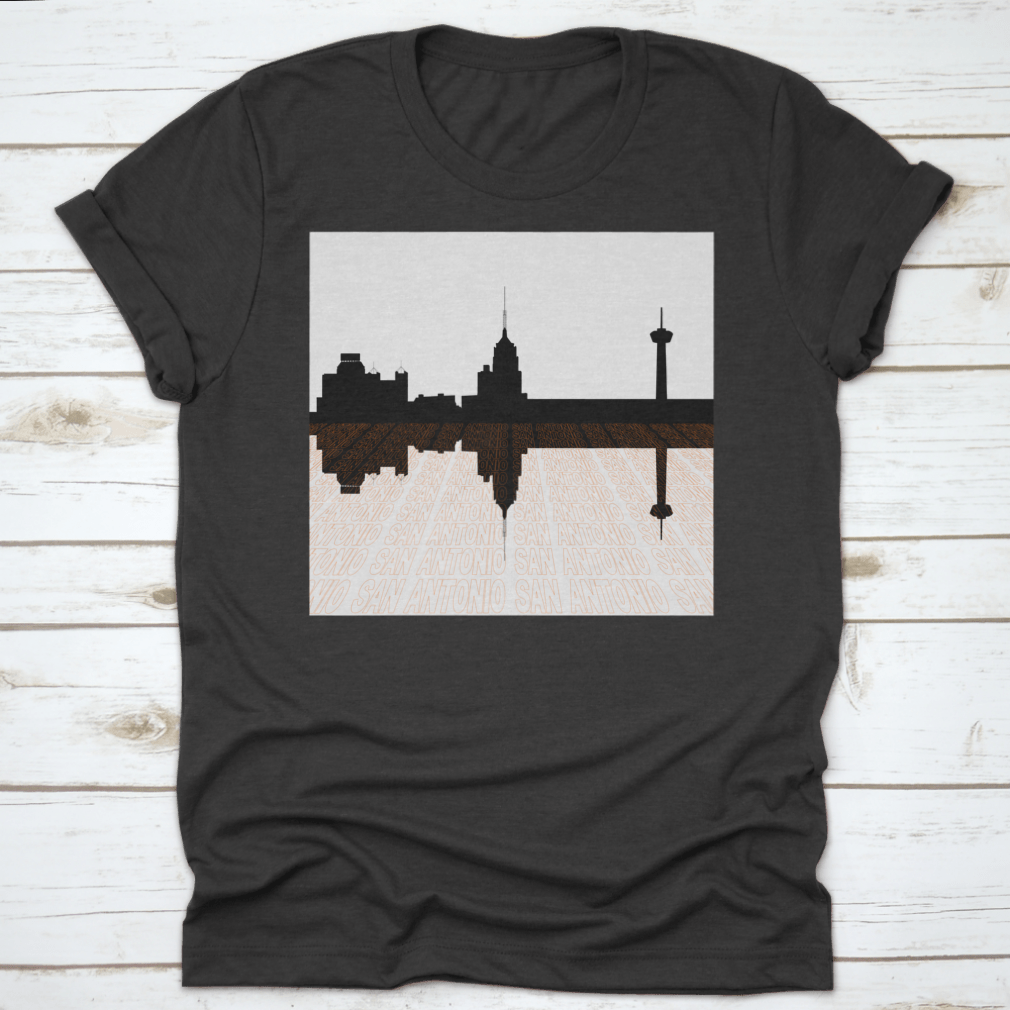 San Antonio Skyline Perspective T-shirt featuring an upside-down skyline design, made from 100% cotton for comfort.