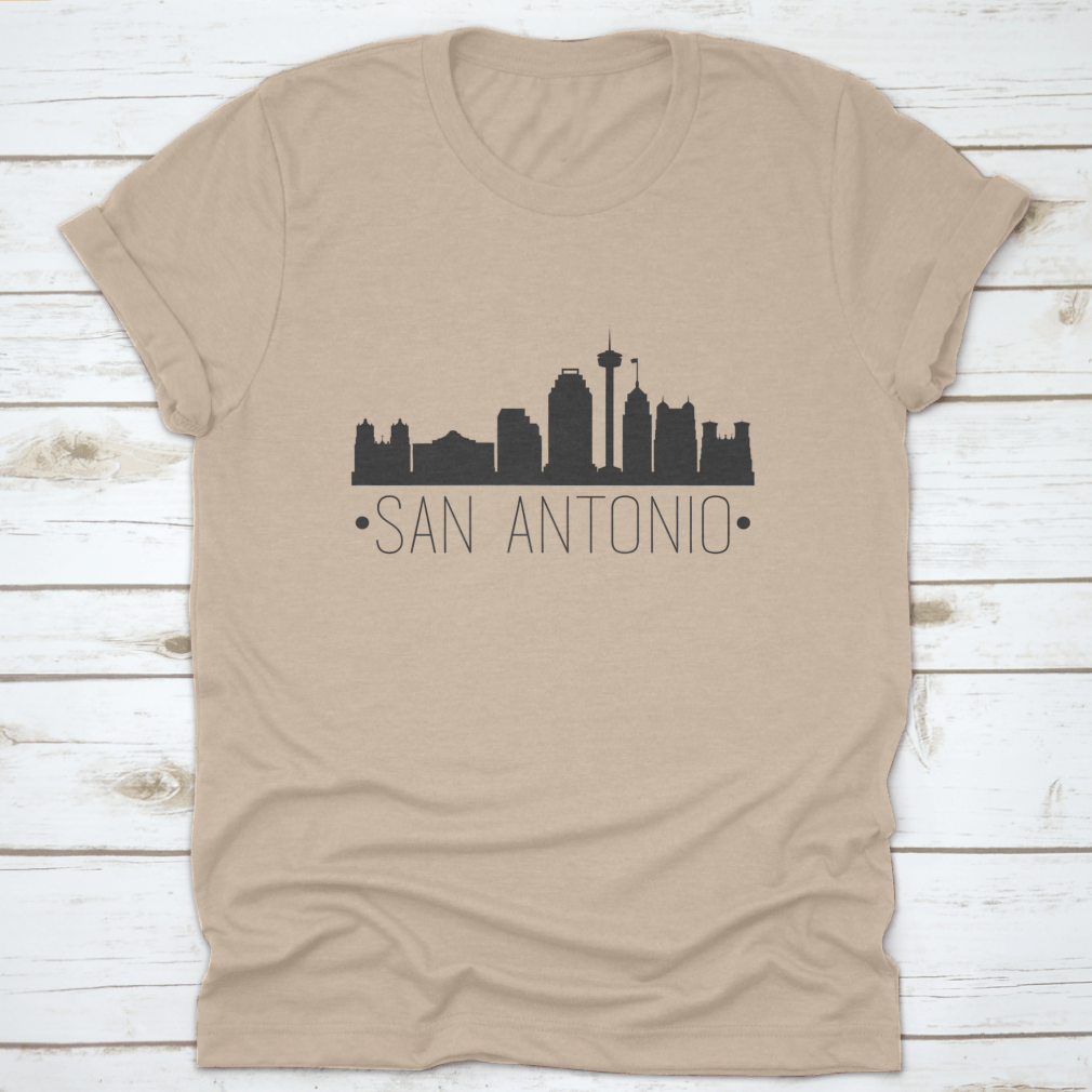 San Antonio Texas skyline silhouette design on a comfortable cotton T-shirt, showcasing iconic city landmarks.