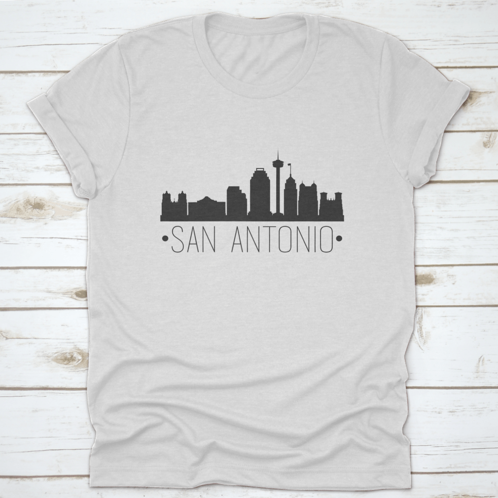 San Antonio Texas skyline silhouette design on a comfortable cotton T-shirt, showcasing iconic city landmarks.