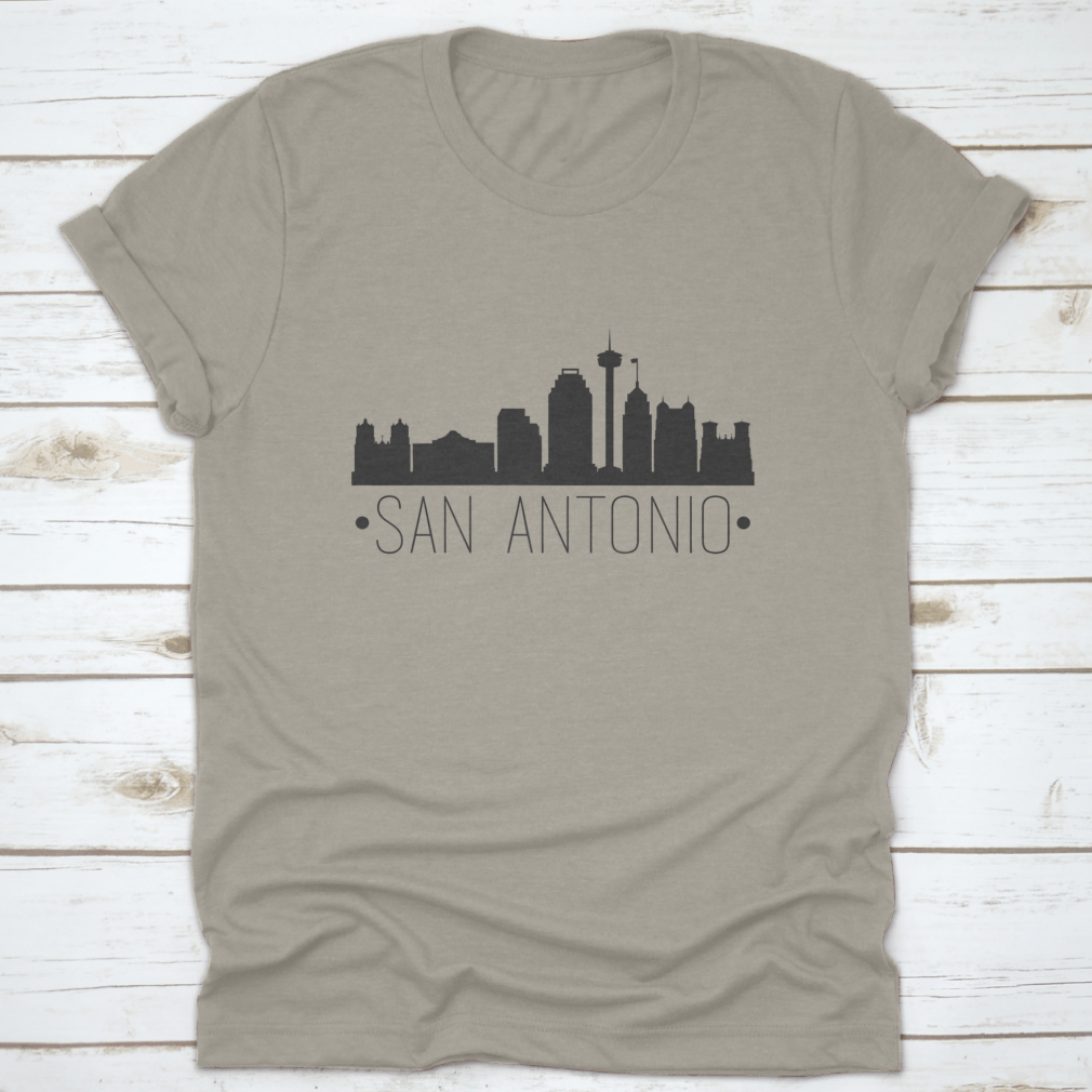 San Antonio Texas skyline silhouette design on a comfortable cotton T-shirt, showcasing iconic city landmarks.