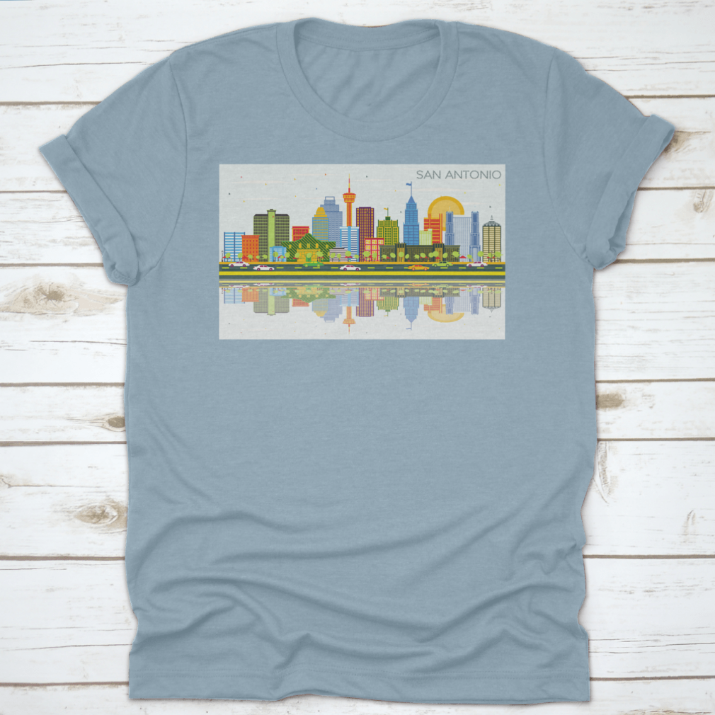 A vibrant t-shirt featuring the San Antonio Texas skyline with colorful buildings against a bright blue sky.