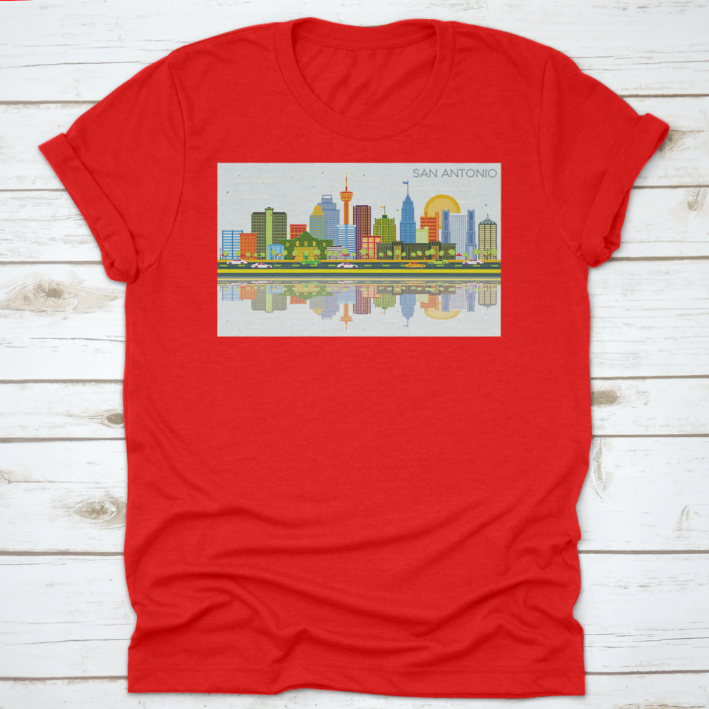 A vibrant t-shirt featuring the San Antonio Texas skyline with colorful buildings against a bright blue sky.