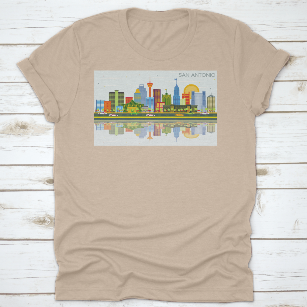 A vibrant t-shirt featuring the San Antonio Texas skyline with colorful buildings against a bright blue sky.