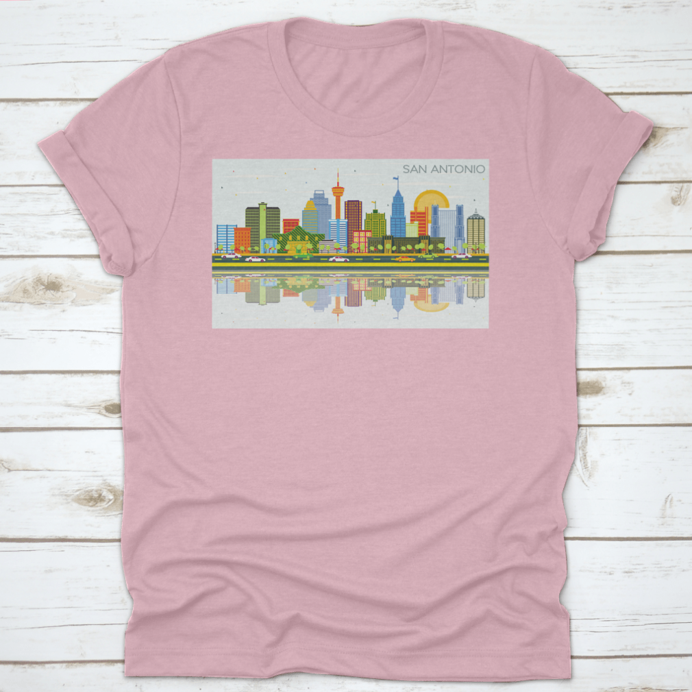 A vibrant t-shirt featuring the San Antonio Texas skyline with colorful buildings against a bright blue sky.