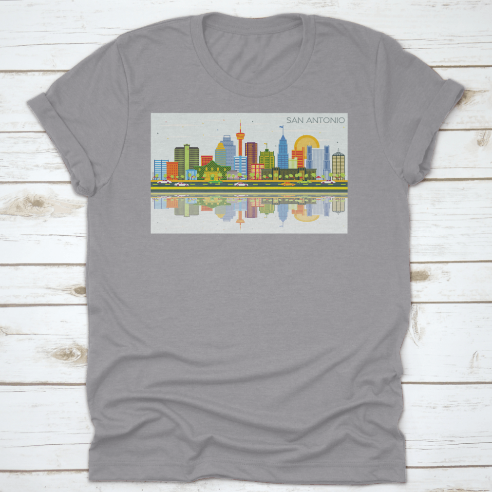 A vibrant t-shirt featuring the San Antonio Texas skyline with colorful buildings against a bright blue sky.