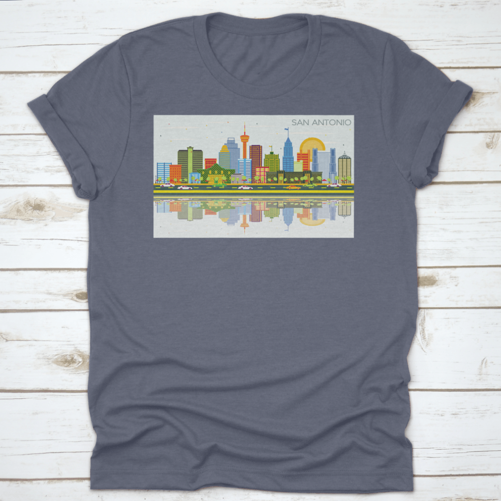 A vibrant t-shirt featuring the San Antonio Texas skyline with colorful buildings against a bright blue sky.