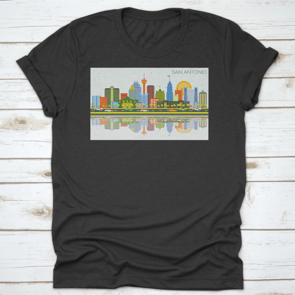 A vibrant t-shirt featuring the San Antonio Texas skyline with colorful buildings against a bright blue sky.