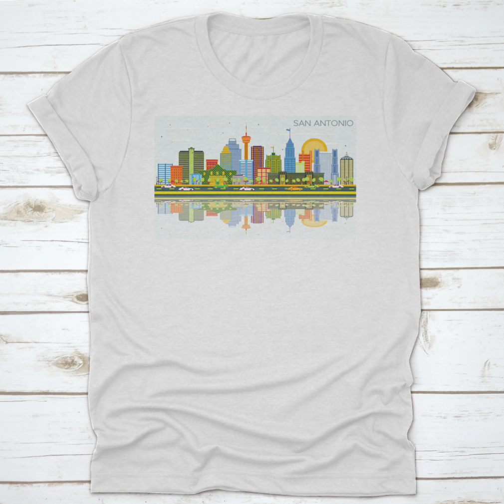 A vibrant t-shirt featuring the San Antonio Texas skyline with colorful buildings against a bright blue sky.