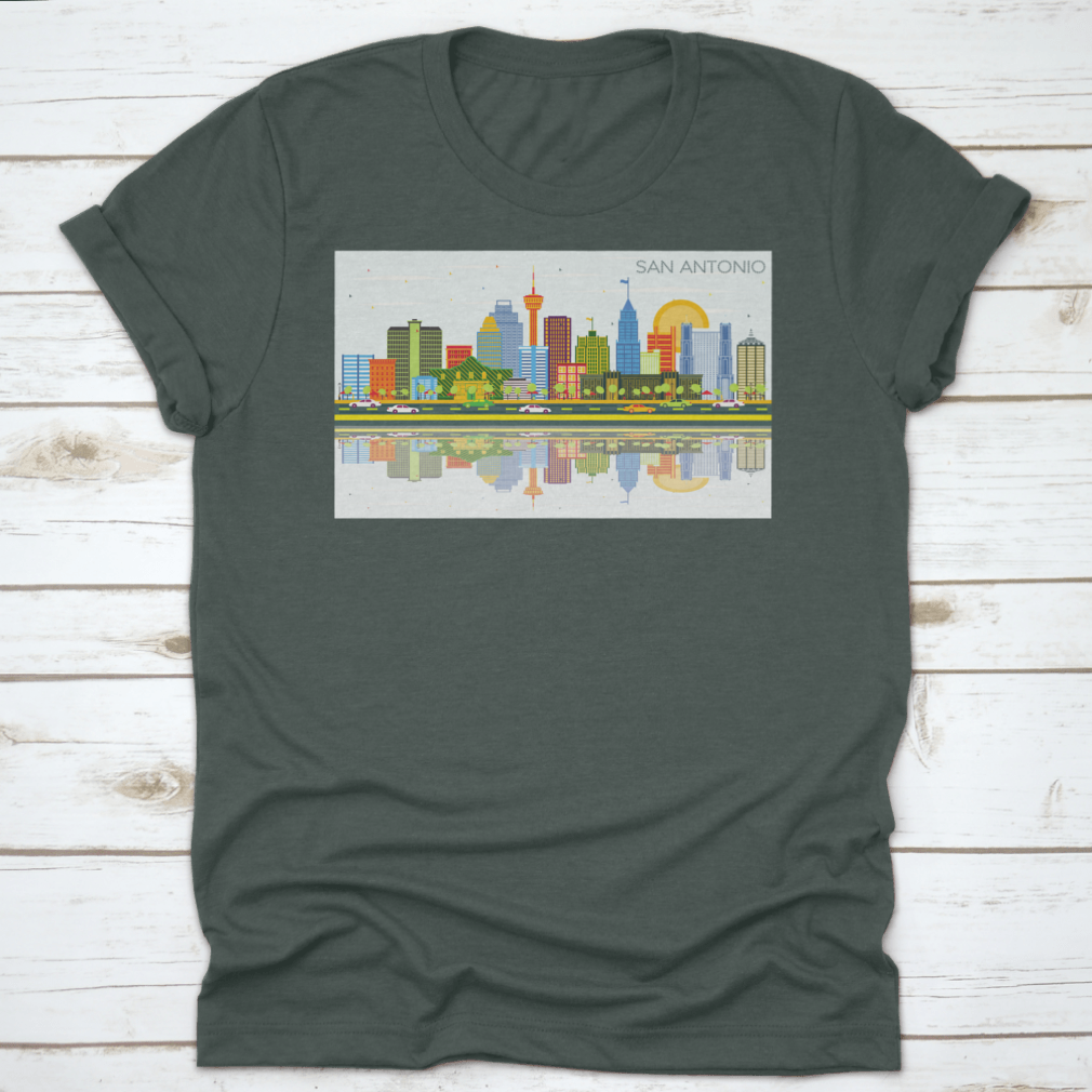 A vibrant t-shirt featuring the San Antonio Texas skyline with colorful buildings against a bright blue sky.