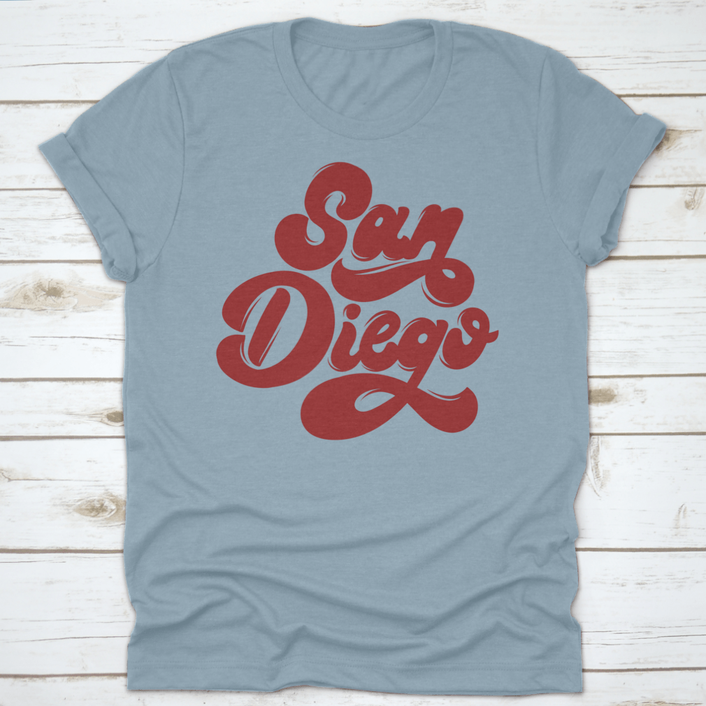 San Diego Handwritten Lettering Isolated Vector Shirt displayed on a white background, showcasing its unique design and quality fabric.