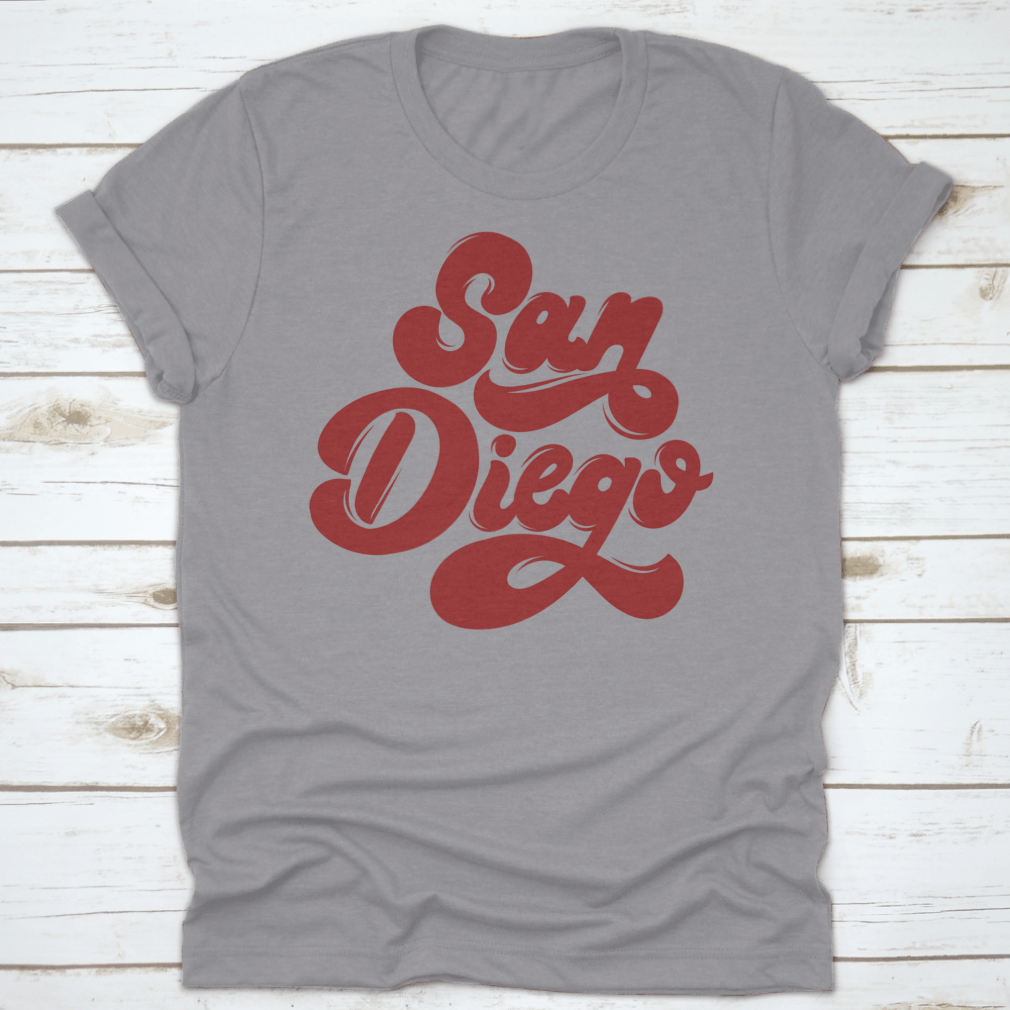 San Diego Handwritten Lettering Isolated Vector Shirt displayed on a white background, showcasing its unique design and quality fabric.