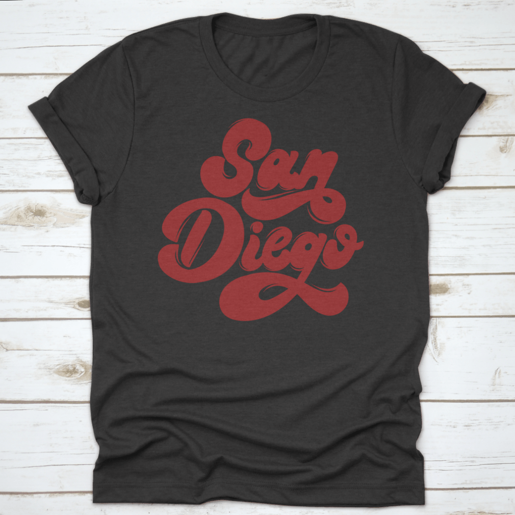 San Diego Handwritten Lettering Isolated Vector Shirt displayed on a white background, showcasing its unique design and quality fabric.