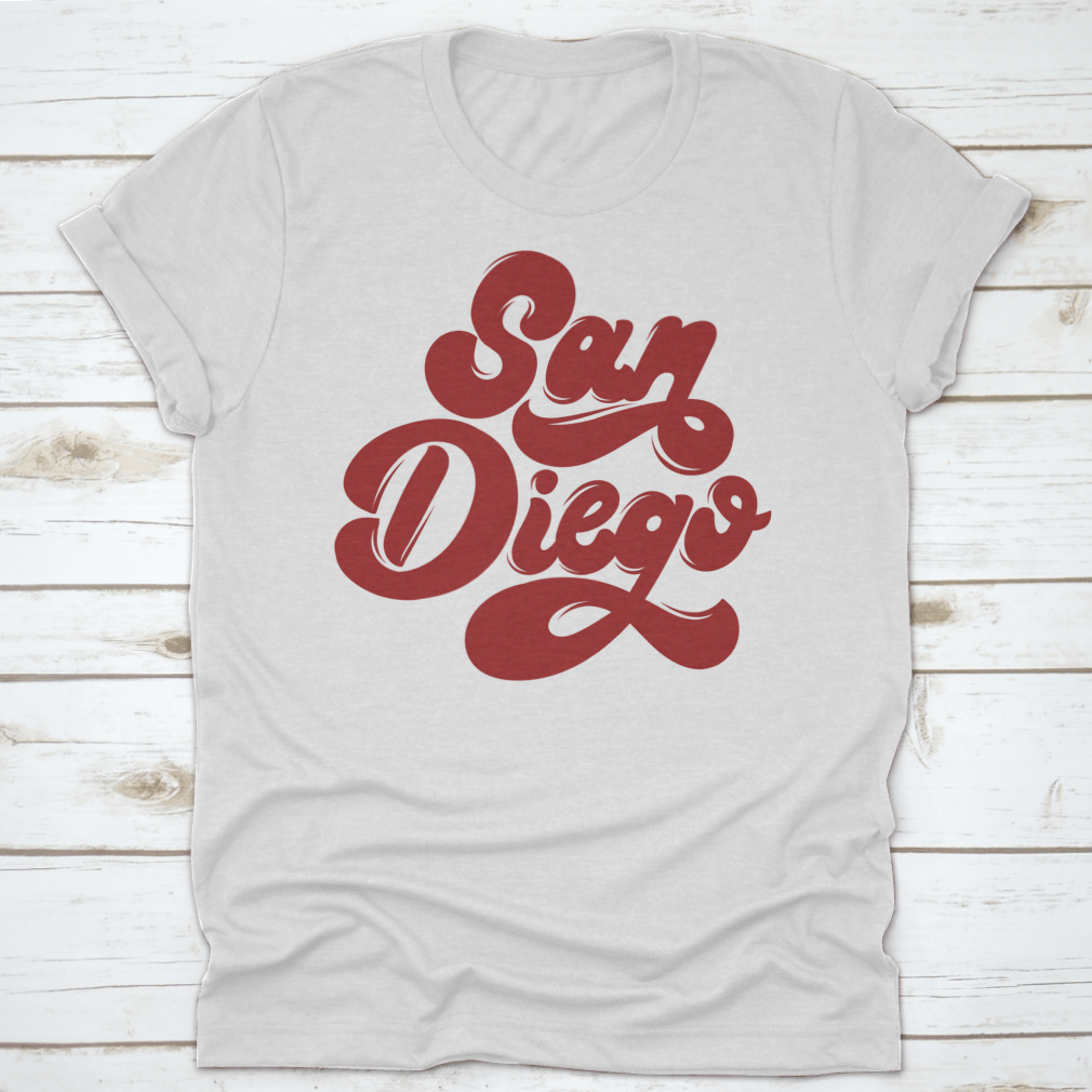 San Diego Handwritten Lettering Isolated Vector Shirt displayed on a white background, showcasing its unique design and quality fabric.