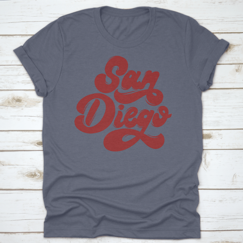 San Diego Handwritten Lettering Isolated Vector Shirt displayed on a white background, showcasing its unique design and quality fabric.