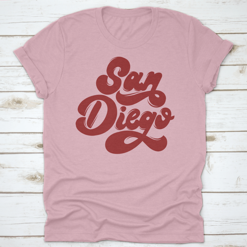 San Diego Handwritten Lettering Isolated Vector Shirt displayed on a white background, showcasing its unique design and quality fabric.