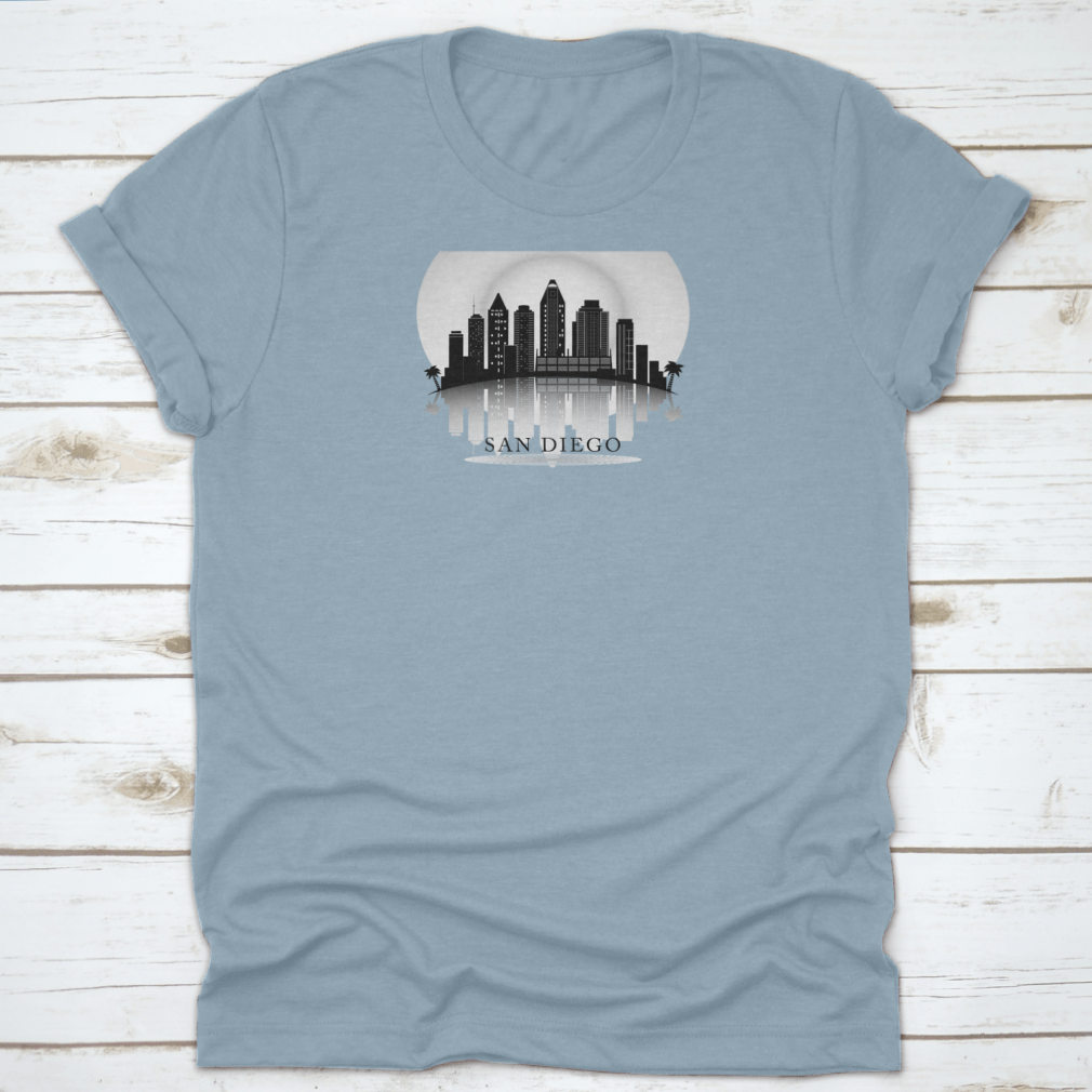 Black and white silhouette of the San Diego city skyline, showcasing iconic buildings and structures.