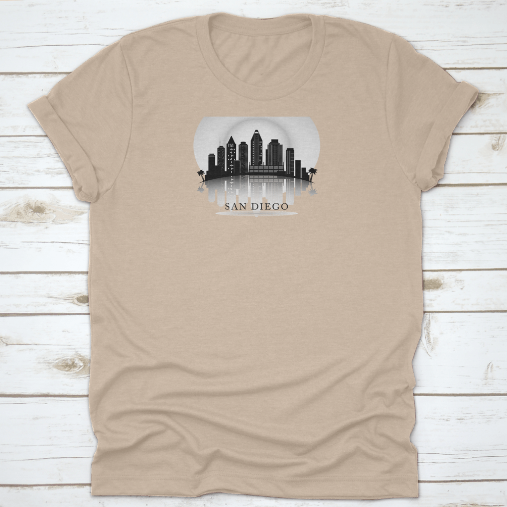 Black and white silhouette of the San Diego city skyline, showcasing iconic buildings and structures.