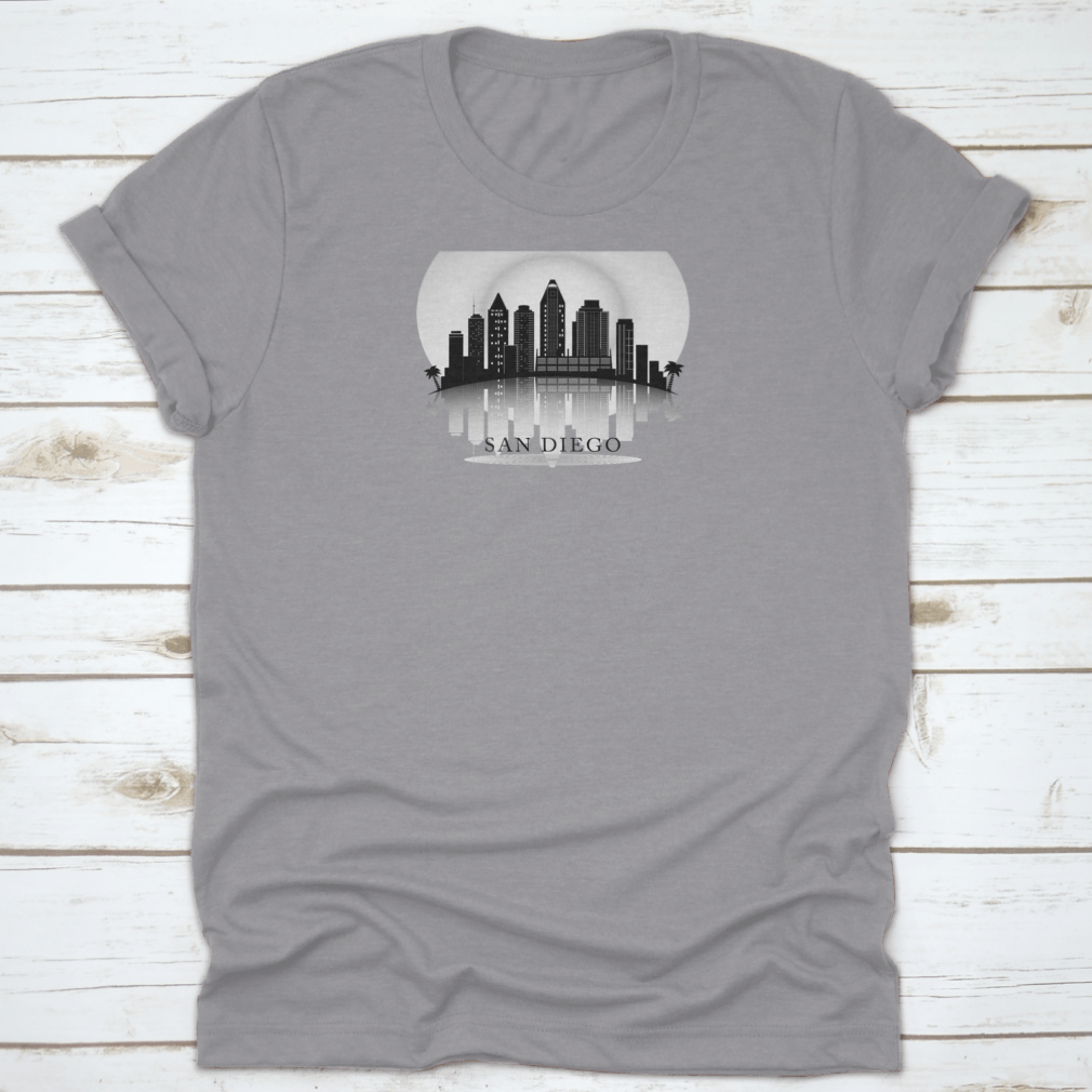 Black and white silhouette of the San Diego city skyline, showcasing iconic buildings and structures.