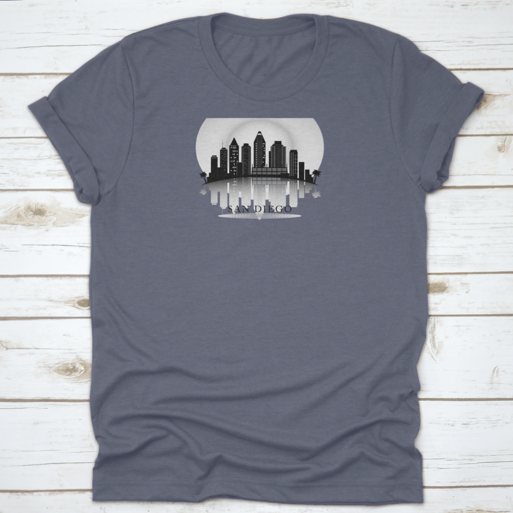 Black and white silhouette of the San Diego city skyline, showcasing iconic buildings and structures.