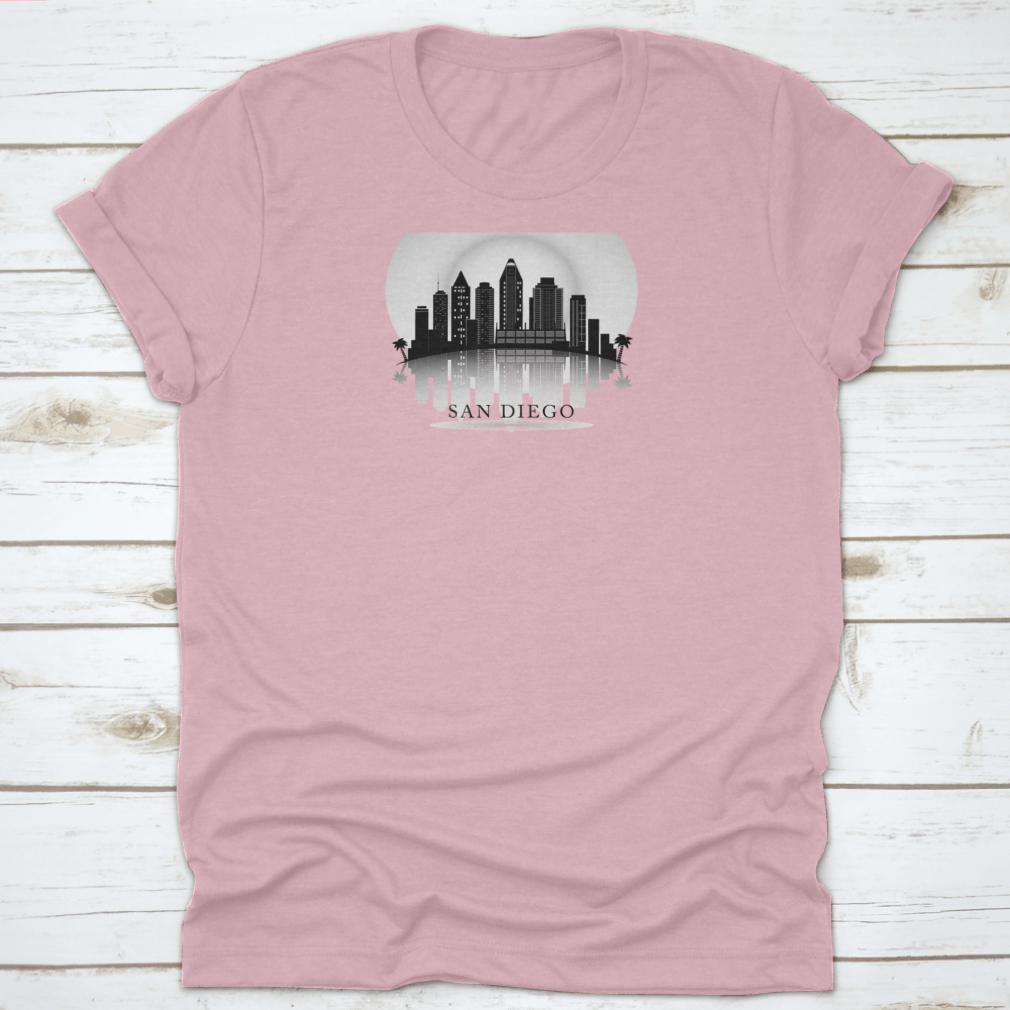 Black and white silhouette of the San Diego city skyline, showcasing iconic buildings and structures.