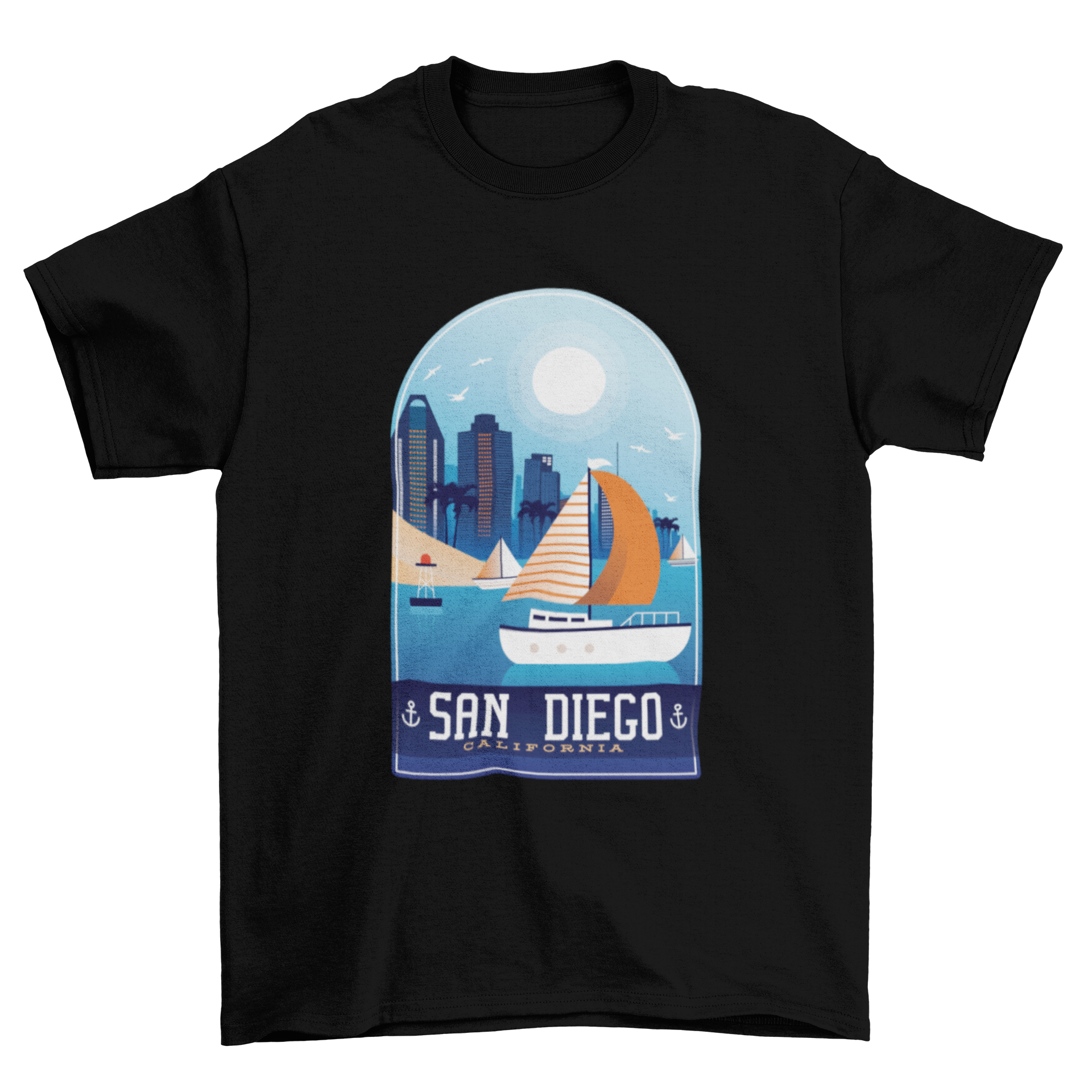 San Diego T-Shirt Design featuring a sunny beach and sailing boats, representing the California lifestyle.