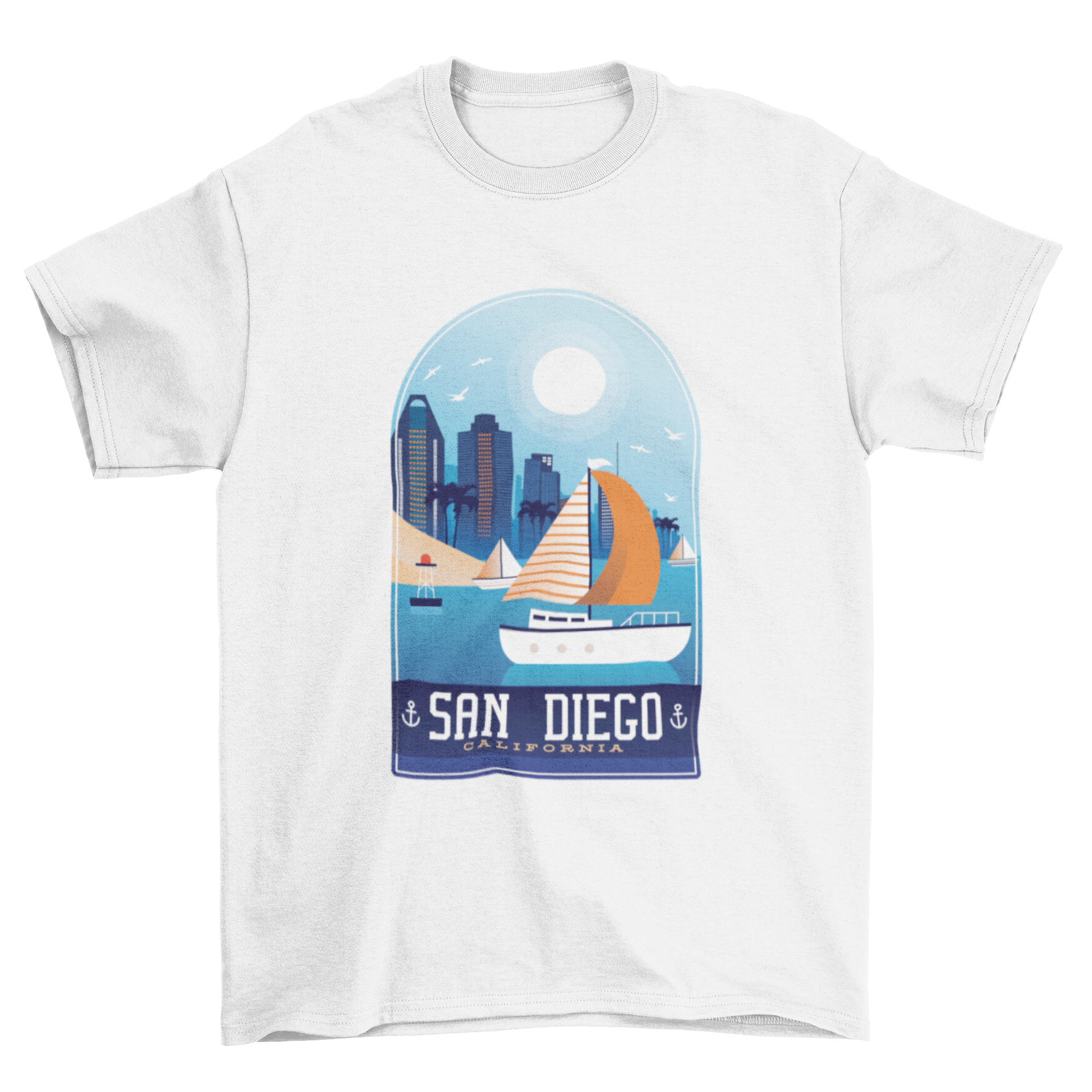 San Diego T-Shirt Design featuring a sunny beach and sailing boats, representing the California lifestyle.