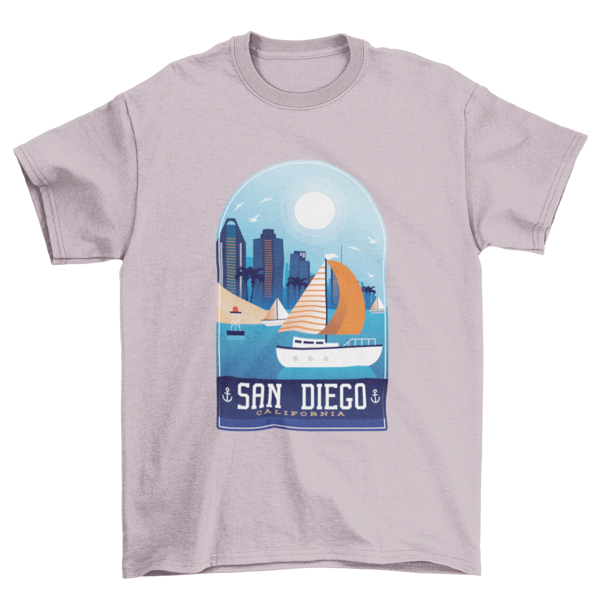 San Diego T-Shirt Design featuring a sunny beach and sailing boats, representing the California lifestyle.