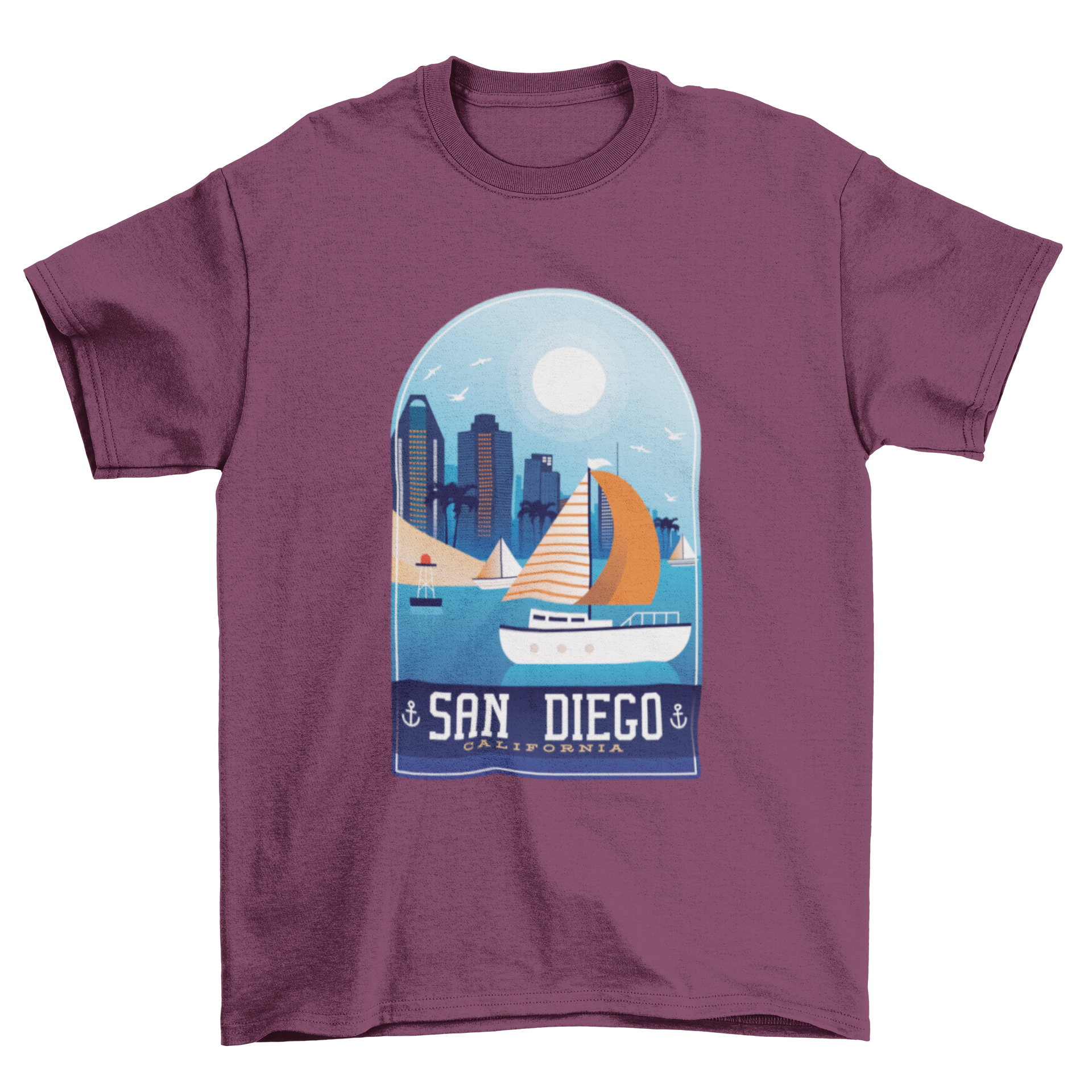 San Diego T-Shirt Design featuring a sunny beach and sailing boats, representing the California lifestyle.