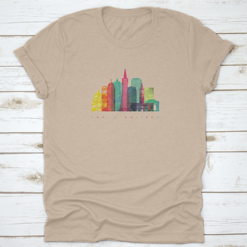 Colorful vector graphic of the San Francisco skyline featuring iconic landmarks.