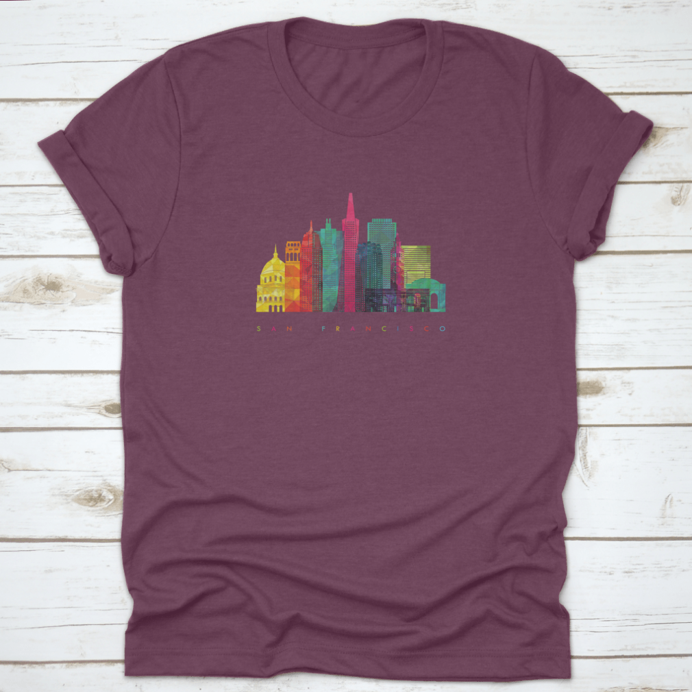 Colorful vector graphic of the San Francisco skyline featuring iconic landmarks.