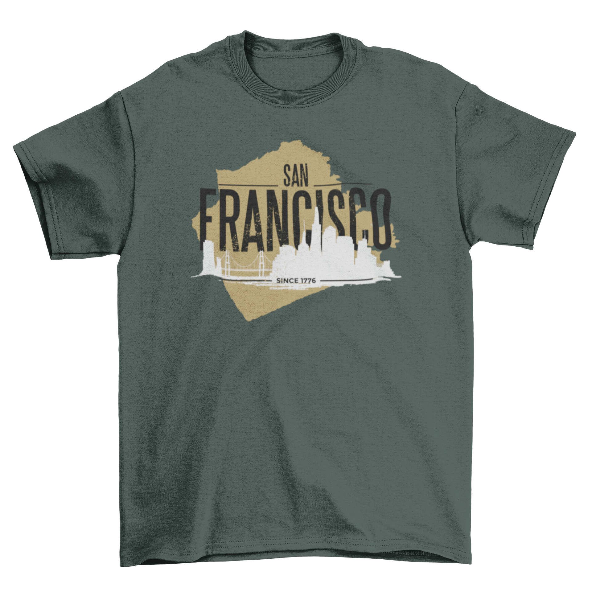 A vibrant San Francisco rugged t-shirt featuring the skyline in bright colors and bold lettering.