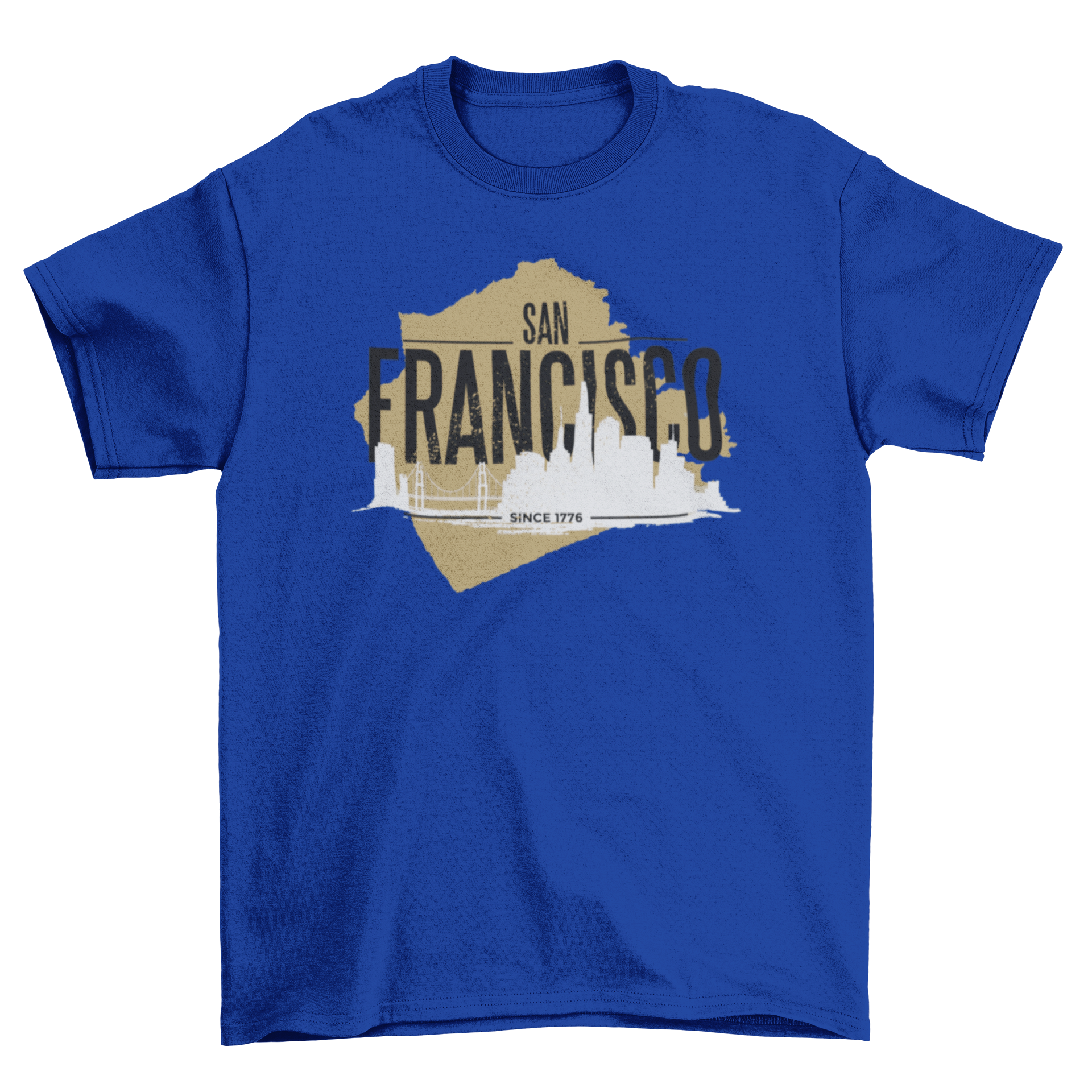 A vibrant San Francisco rugged t-shirt featuring the skyline in bright colors and bold lettering.