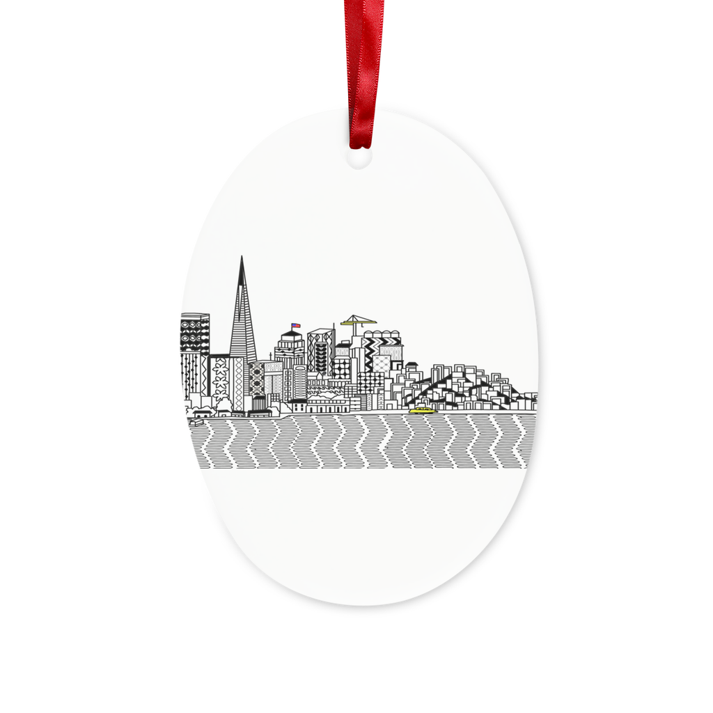 San Francisco Towel Ceramic Hanging Ornament with red ribbon and gold string, beautifully designed for festive decor.