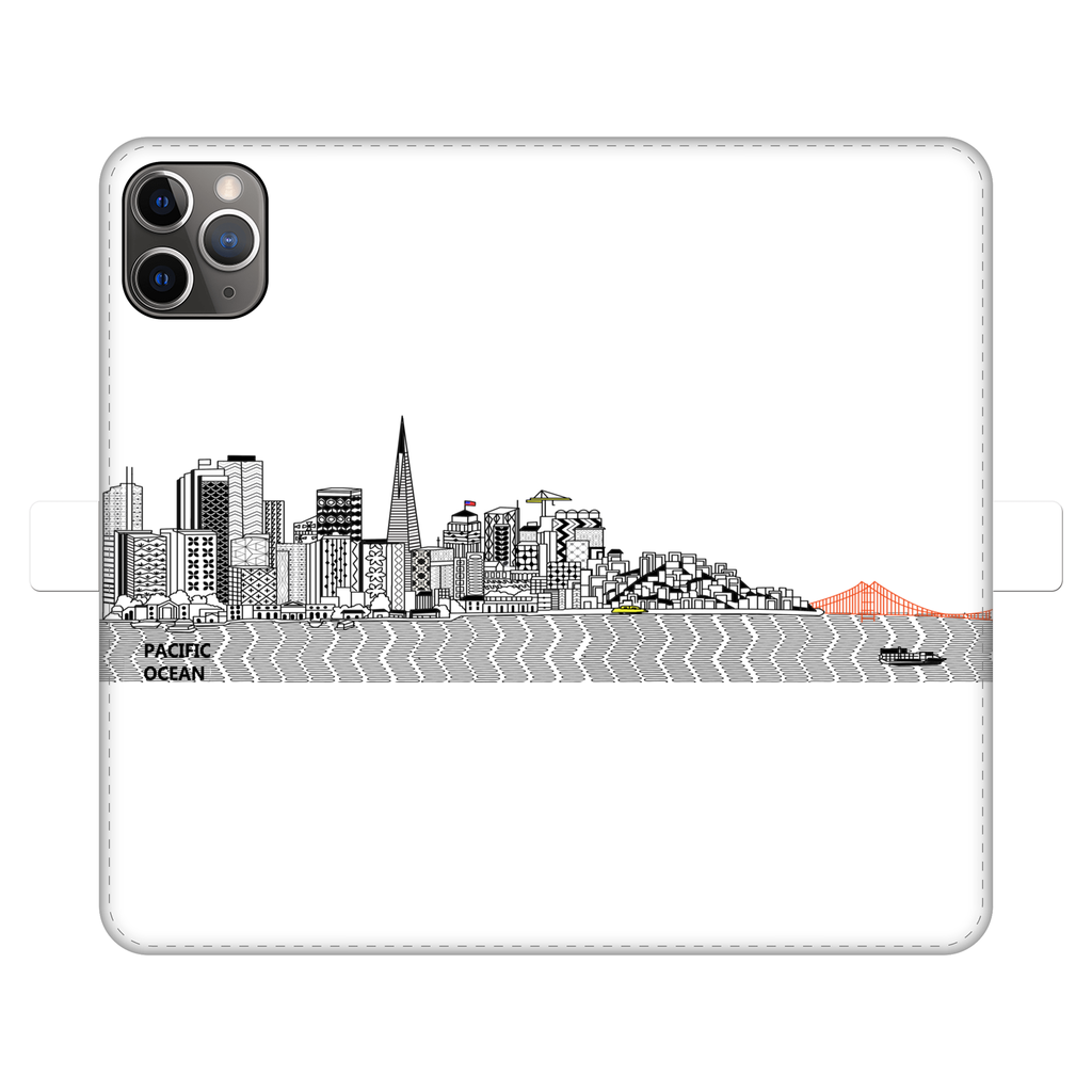 San Francisco Towel Fully Printed Wallet Case showcasing vibrant designs, magnetic closure, and faux leather material, suitable for iPhone and Samsung models.