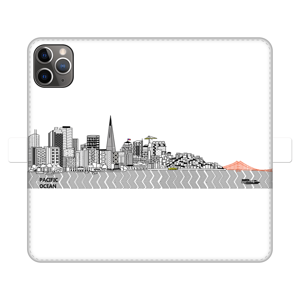 San Francisco Towel Fully Printed Wallet Case showcasing vibrant designs, magnetic closure, and faux leather material, suitable for iPhone and Samsung models.