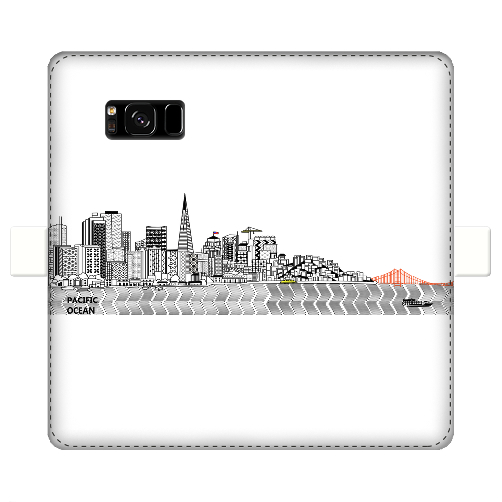 San Francisco Towel Fully Printed Wallet Case showcasing vibrant designs, magnetic closure, and faux leather material, suitable for iPhone and Samsung models.