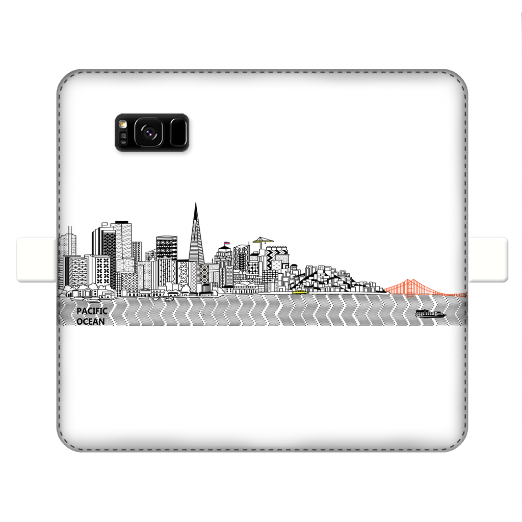 San Francisco Towel Fully Printed Wallet Case showcasing vibrant designs, magnetic closure, and faux leather material, suitable for iPhone and Samsung models.