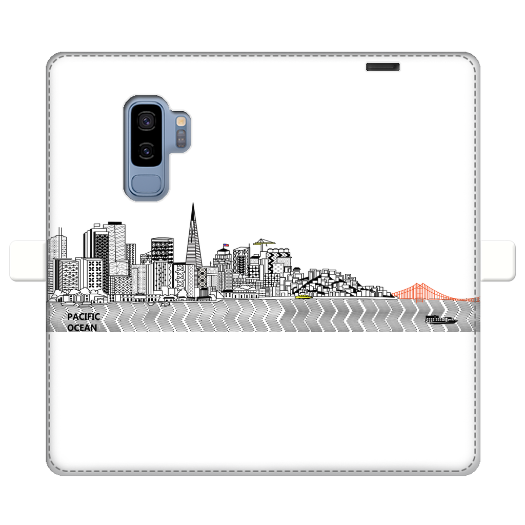 San Francisco Towel Fully Printed Wallet Case showcasing vibrant designs, magnetic closure, and faux leather material, suitable for iPhone and Samsung models.