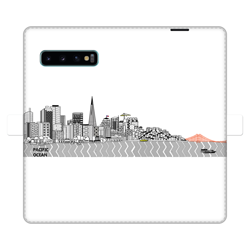 San Francisco Towel Fully Printed Wallet Case showcasing vibrant designs, magnetic closure, and faux leather material, suitable for iPhone and Samsung models.