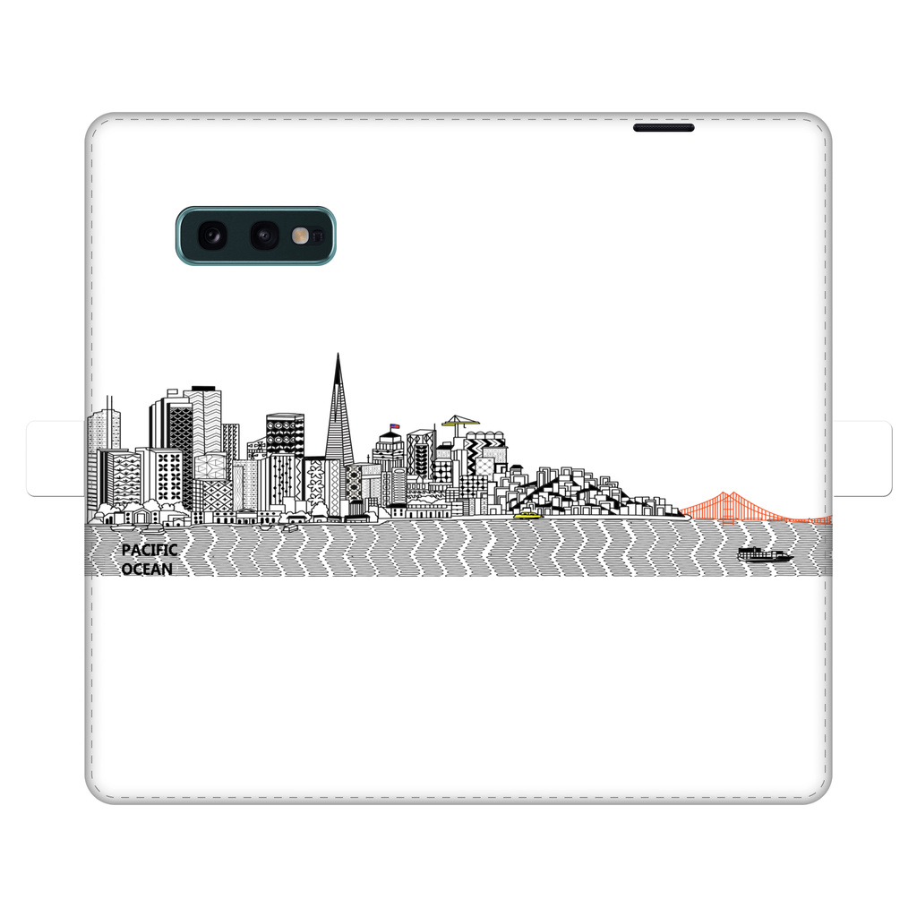 San Francisco Towel Fully Printed Wallet Case showcasing vibrant designs, magnetic closure, and faux leather material, suitable for iPhone and Samsung models.