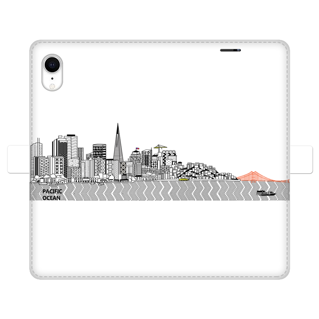 San Francisco Towel Fully Printed Wallet Case showcasing vibrant designs, magnetic closure, and faux leather material, suitable for iPhone and Samsung models.